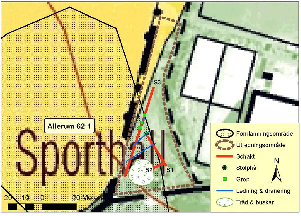 Fig. 5. Resultatet från utredningen inlagd på utdrag ur Fastighetskartan i skala 1:1 000.