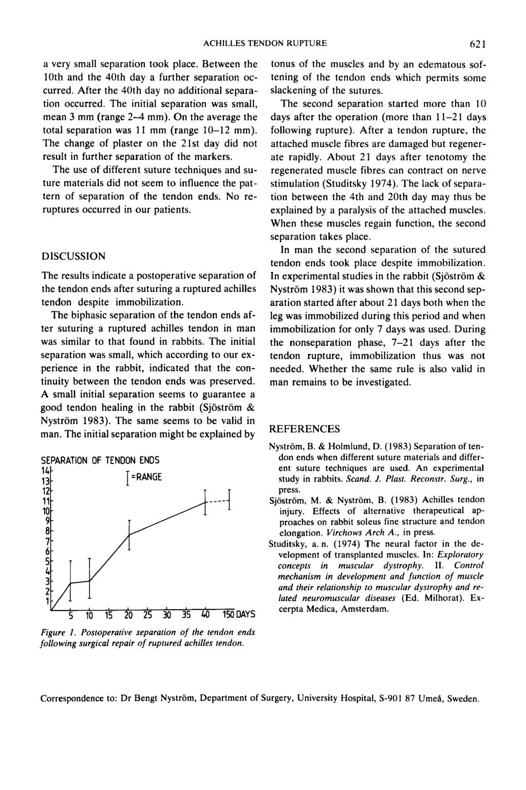 1983) Författarna gjorde om undersökningen på 10 människor med akillesruptur (behandling: 6 veckor i gips): SEPARATION OF TENDON ENDS I =RANGE 12 T T ANNELIE BRORSSON.