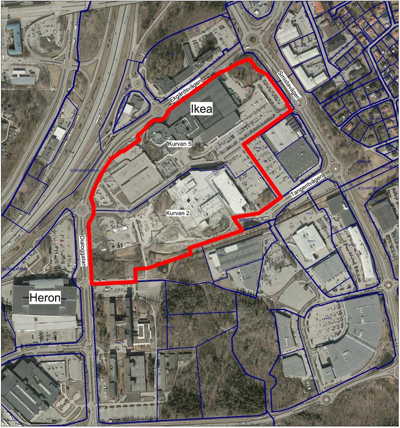 KOMMUNSTYRELSENS FÖRVALTNING TJÄNSTEUTLÅTANDE DATUM DIARIENR SIDA 2017-04-06 KS-2016/1337.214 3 (8) Figur 1: Karta över planområdet illustrerat med röd begränsningslinje.