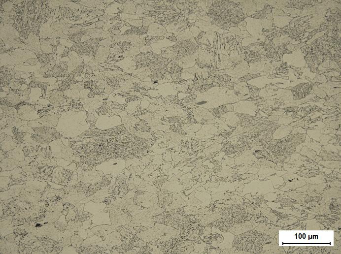 Figur 18 Enstaka kaviteter (som mörka fläckar) i grundmaterialet cirka 5 mm från brottet i prov 1CrESCW-6, LOM 200x Figure 18 Separate cavities (as dark spots) in the parent metal about 5 mm away