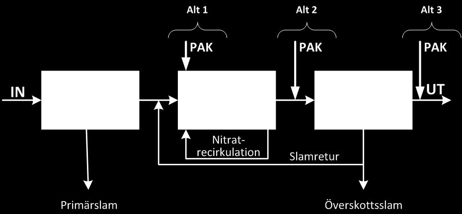 Figur 3.5. Möjlig placering av PAK i befintliga reningsprocesser (OBS, alternativ 3 kräver ett extra separationssteg!).