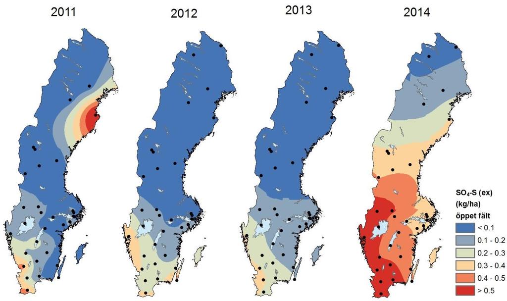 3.2.2 Mätningar av svavel i våtdeposition Figur 15 visar en interpolerad karta över Sverige av nedfallet på öppet fält under oktober 2011, 2012, 2013 och 2014.