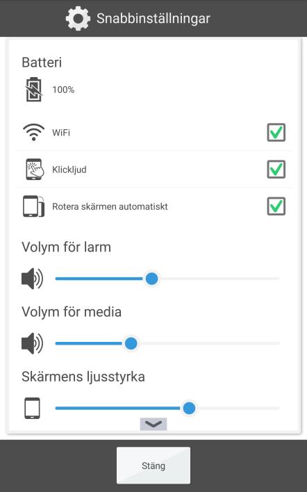 7. Snabbinställningar Från Snabbinställningar kan man göra ett urval enkla apparatinställningar samt se batterinivån. Överst visas batteriets status. WiFi. På/Av.