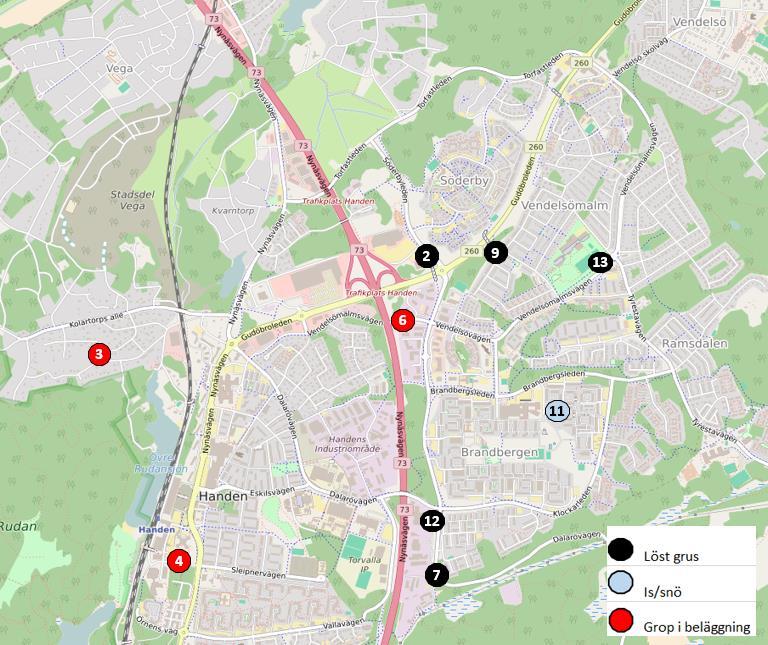 Figur 10 Olyckornas geografiska fördelning, enbart cykel-singelolyckor som härrör till drift- och underhåll är redovisade. Siffrorna hänvisar till platsen i tabell 12.