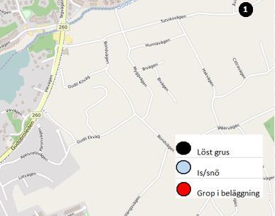 vägnät. Olyckornas geografiska fördelning, enbart cykel-singelolyckor som härrör till drift- och underhåll är redovisade.