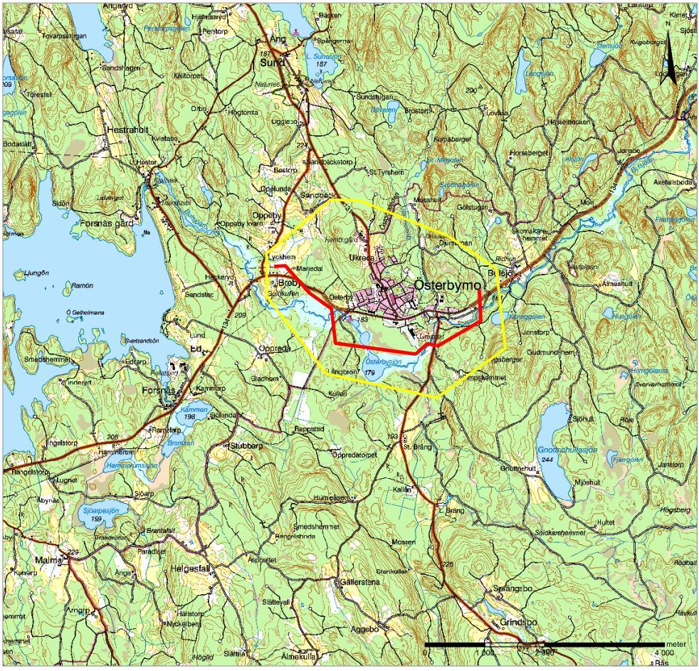 I figur 2 redovisas utredningsområdet för sträckan Broby-Bulsjö och i figur 3 samtliga alternativa sträckningar. Figur 2. Utredningsområde sträckan Broby-Bulsjö.