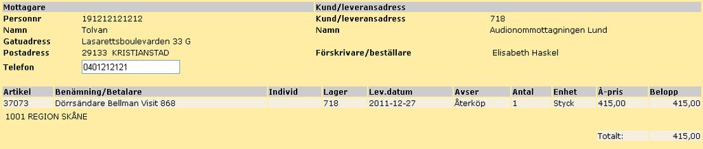 32 I bilden visas samtliga uppgifter om kundordern. Kontrollera / komplettera mottagarens telefonnummer.