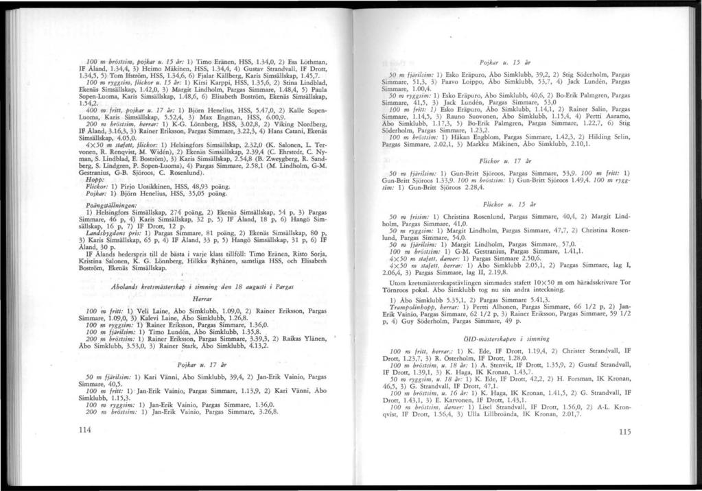 00 m bröstsim, pojkar u. 5 år: ) Timo Eränen, HSS,.34,0, 2) Esa Löthman IF Aländ,.34,4, 3) Heimo Mäkinen, HSS,.34,4, 4) Gustav Strandvall, IF Drott:.34,5, 5) Tom Ifström, HSS,.