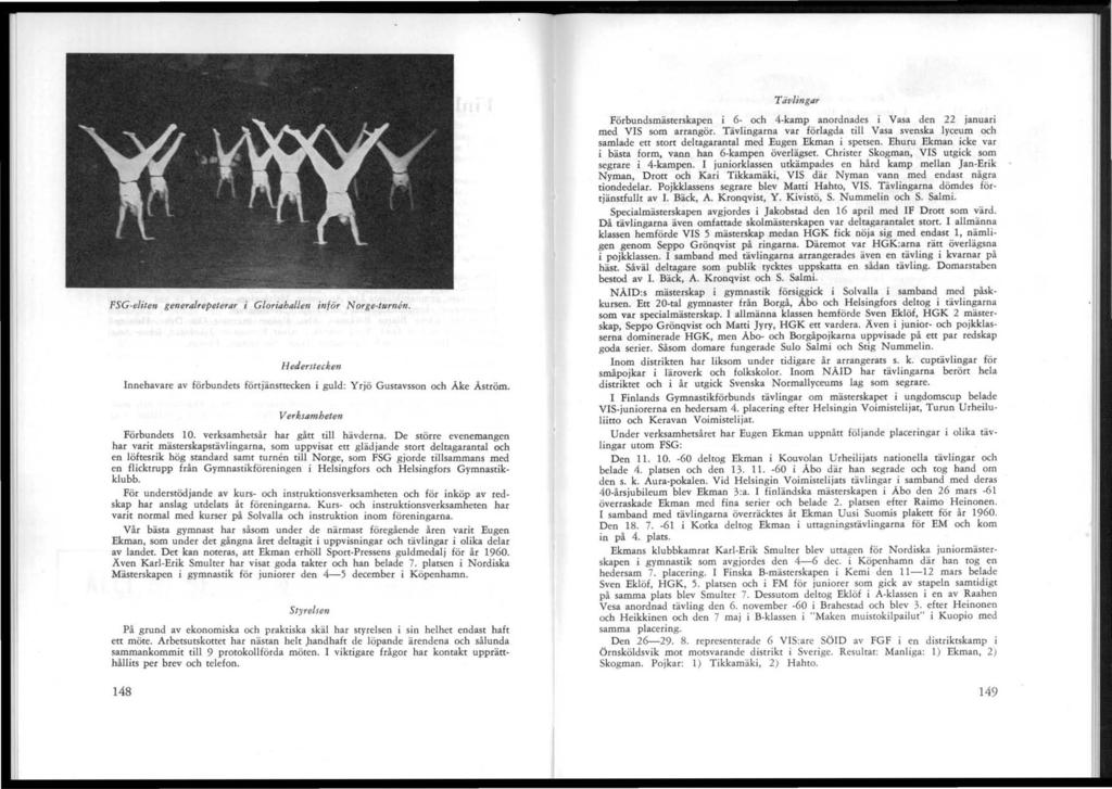 Tävlingar FSG-eliten generatrepeterar Gloriahallen infär Norge-tumen_ Hederstecken Innehavare av förbundets förtjänsttecken i guld: Yrjö Gustavsson och Åke Åström_ Verksamheten Förbundets 0.