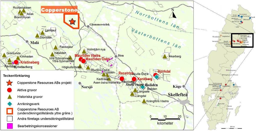 koncessionen Eva K nr 1. Projektet är beläget omedelbart norr om det mineralrika Skelleftefältet (se figur 1). I sin helhet omfattar projektområdet c:a 800 ha (se figur 2). Figur 1.