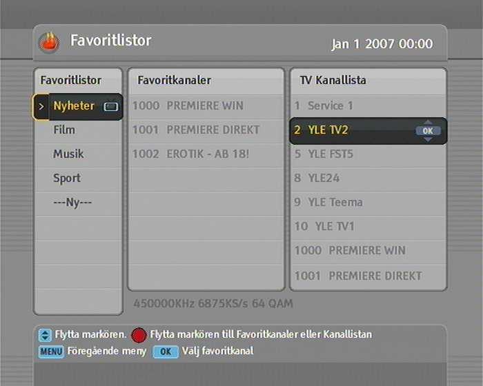 37 Kapitel 6 Lista kanaler 6.1 Redigera favoritlistan Du kan göra din egen favoritkanallista. För att redigera din favoritlista, välj Favoritlistor menyn; varpå en redigerbar favoritlista visas.
