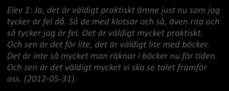 Elevernas perspektiv Elev 1: Ja, det är väldigt praktiskt ämne just nu som jag tycker är fel då. Så de med klotsar och så, även rita och så tycker jag är fel.