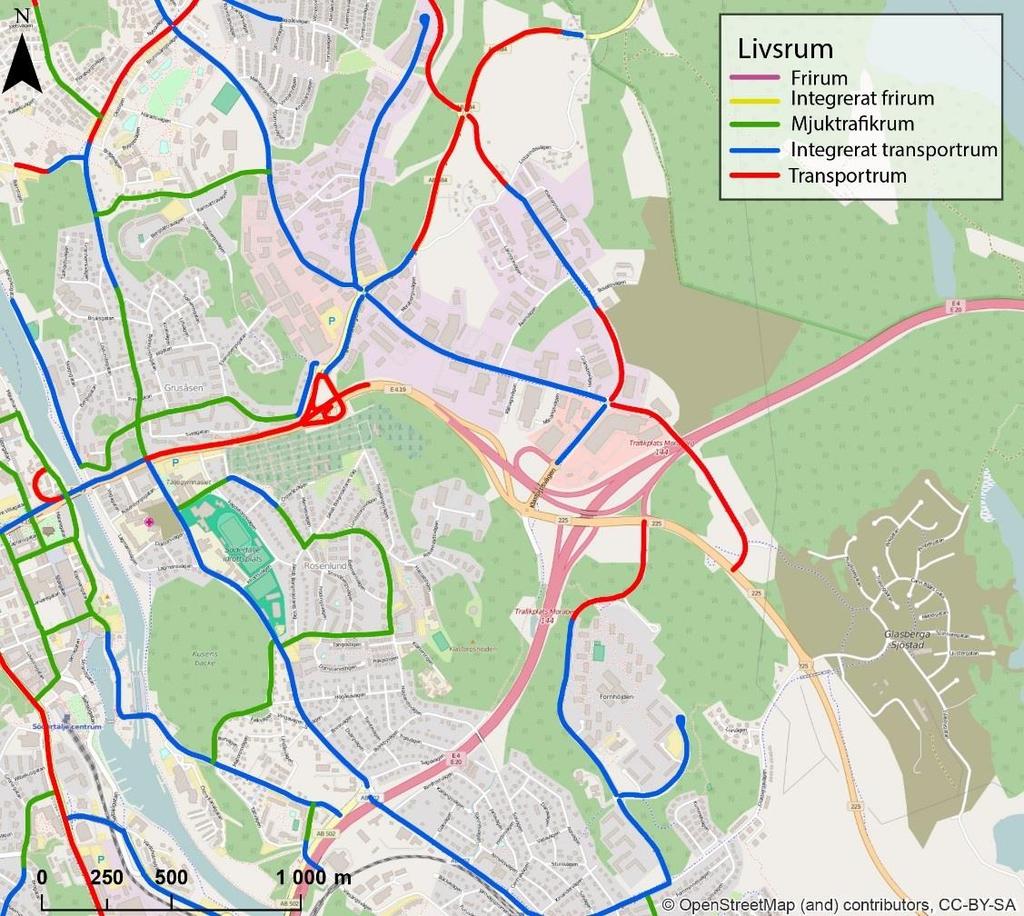 9 3.2 Livsrum Kommunen har bedömt samtliga huvudgators så kallade livsrum. I metoden ingår fem livsrum: frirum, integrerat frirum, mjuktrafikrum, integrerat transportrum och transportrum.