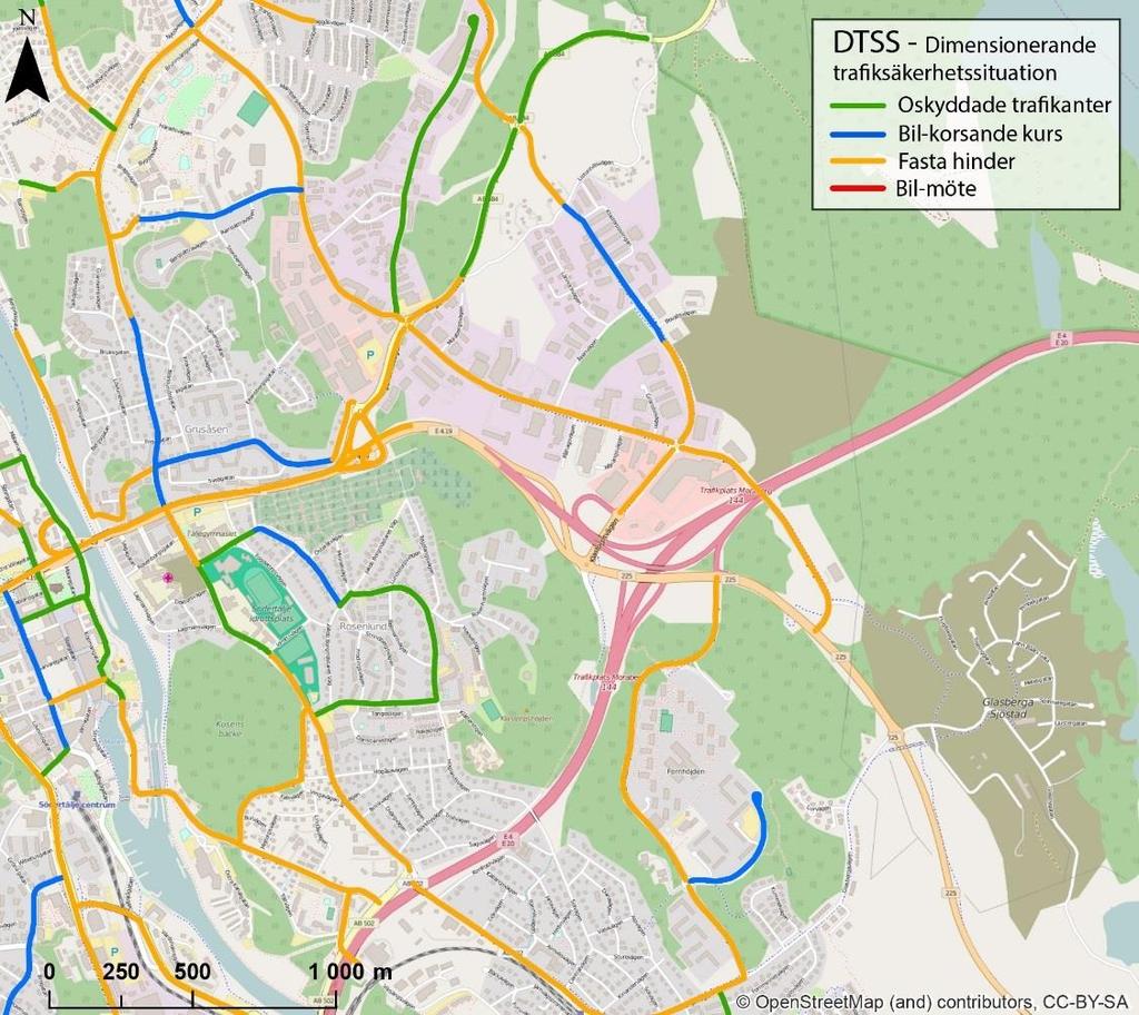 10 Figur 3-3 Exempel på bedömning av dimensionerande trafiksäkerhetssituation i nordöstra Södertälje. Bedömning av Södertälje kommun 3.