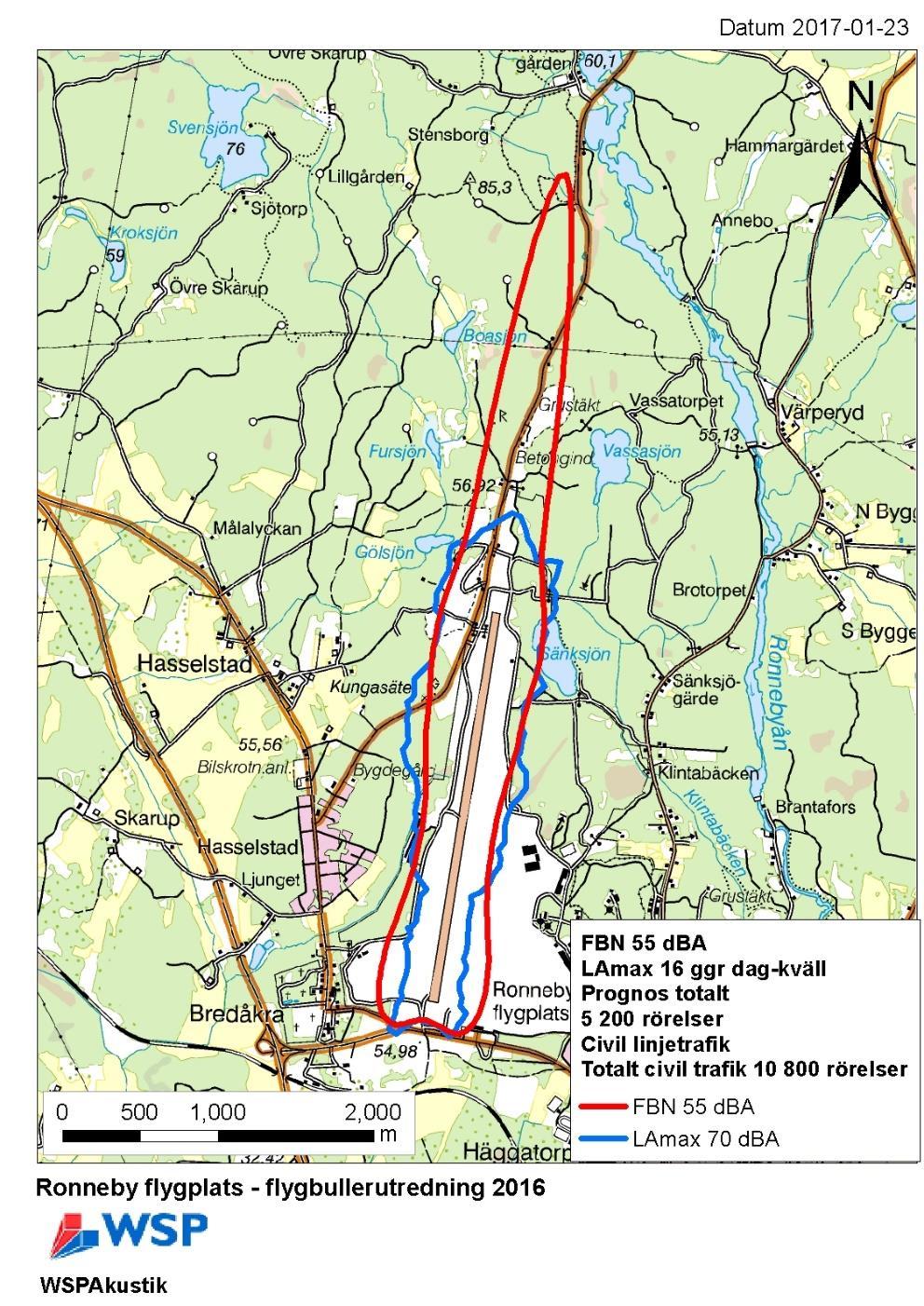 5.1.4 Bullerutbredning vid Ronneby flygplats Det området som berörs av civil flygverksamhet vid Ronneby flygplats ligger helt inom influensområdet för buller från militär verksamhet.