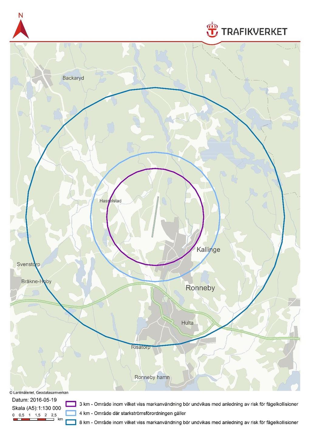 Figur 10 Områden med risk för fågelkollisioner (yttre och