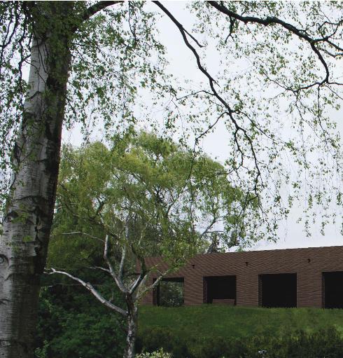 KREMATORIUM & KOLUMBARIUM Ett krematorium in svept av en tegelmur innanför på takligger det ett kolumbarium symboliskt öppen mot himlen.