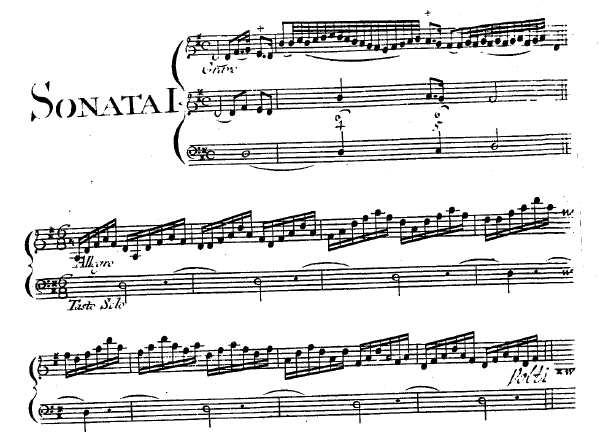 Bild 1: Första 9 takterna ur Sonata 1 op.5, utgiven av Estienne Roger 5 Andra kompositörer skrev också ner ornamenterade versioner av op.5 sonaterna.