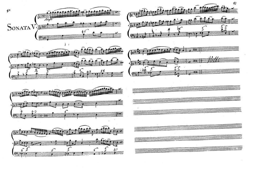 Bilaga 3 Första sats ur Corellis op. 5 sonata IV, utgåva av Estienne Roger med Corellis egna utsmyckningar enligt utgåvans första sida.