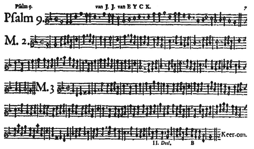 Bilaga 10 Psalm 9 med de första två variationer ur Jacob van Eycks Der Fluyten-Lusthof (hämtad från: