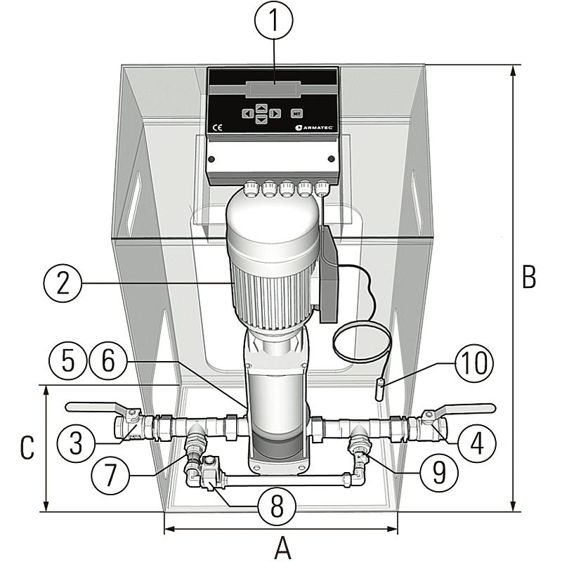 Tryckhållningsenhet Detaljförteckning 1 2 3 4 5 6 7 8 9 10 A Styrenhet med display Pump Anslutning till system Anslutning till expansionskärl Backventil Tryckgivare Smutsfilter Magnetventil