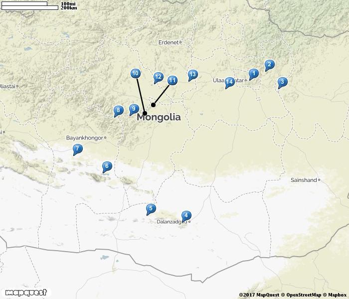 1. Tuul 2. Terelj 3. Gun Galuut 4. Yolym am 5. Khongor Sands 6. Lake Orog 7. Böön Tsagaan 8. Tongorog 9. Hangay Mountain 10. Orkhon River Valley 11. Kharkhorin 12. Lake Ogii 13.