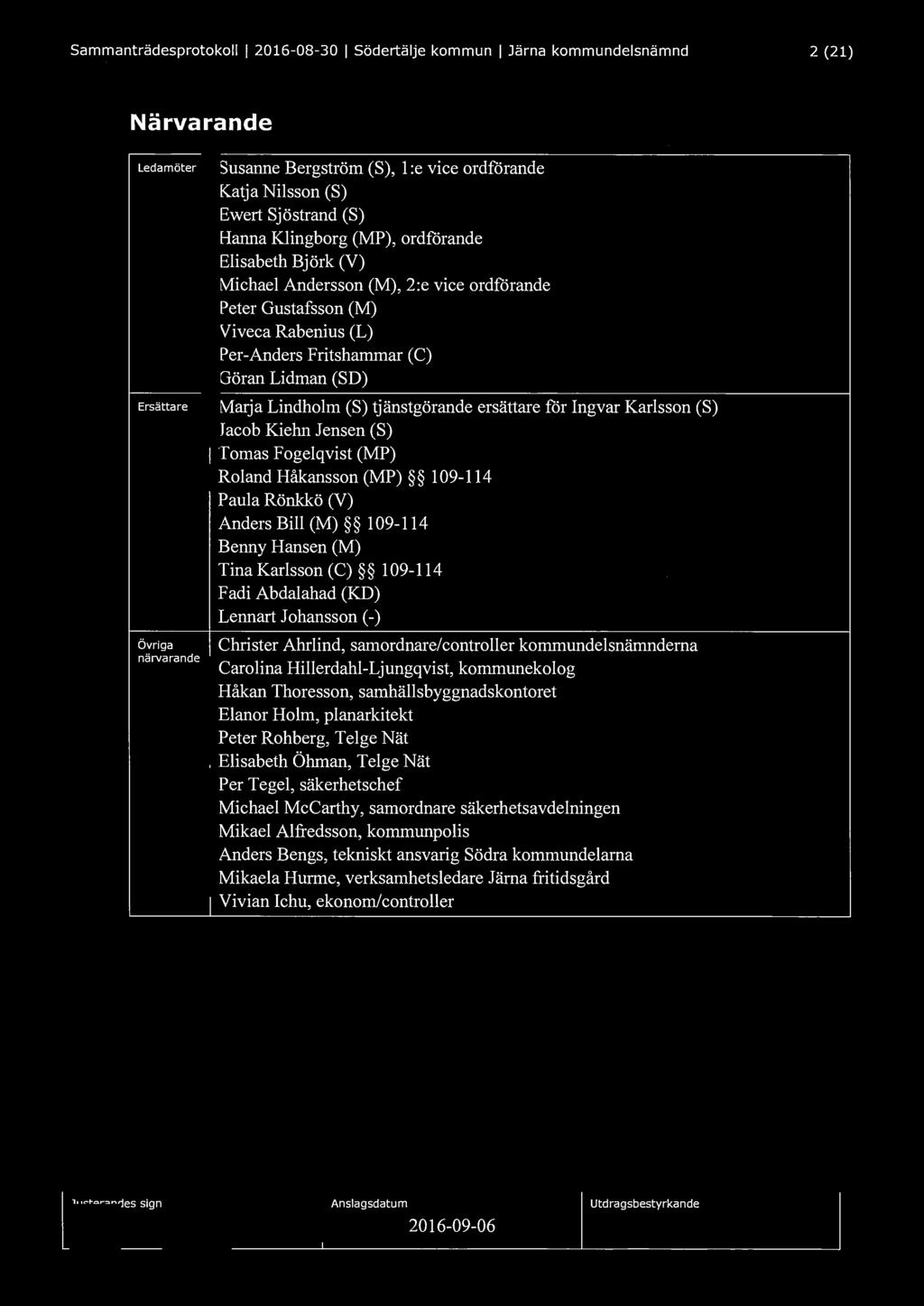 Sammanträdesprotokoll l 2016-08-30 l södertälje kommun l Järna kommundelsnämnd 2 (21) Närvarande Ledamöter Ersättare Övriga närvarande Susanne Bergström (S), l :e vice ordförande Katja Nilsson (S)