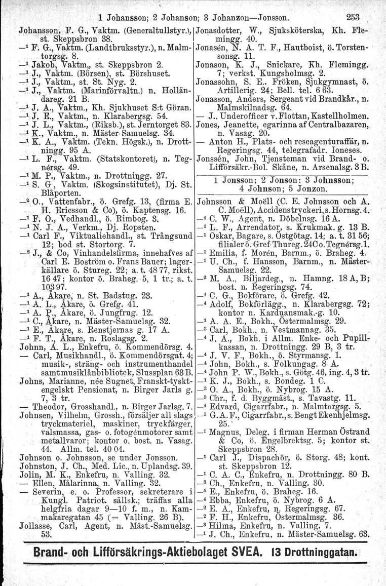 1 Johansson; 2 Johanson; 3 Johanzon-Jonsson. 253 J;Qh~p.s~on, F. G., Vaktm. (Generaltullstyr.l'IJonasd~tter, W., Sjuksköterska, Kh. Fll)- 'st. Skeppsbron 38. mmgg. 40. _1 F. G., Vaktm. (Landtbruksstyr.