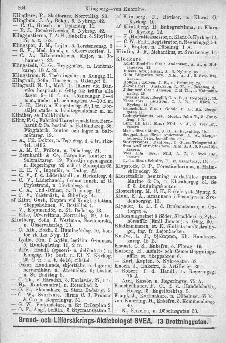 264 Klingberg-von Knorring. \ Klingberg. P., Skollärare, Norrtullag. 20. af Klintberg, F., Revisor, n. Klara. Ö. Klingbom, J. A., Bokh., ö. Nybrog.42. Kyrkog. 10. - O. O., Grossh., n. Uplandsg. 11.