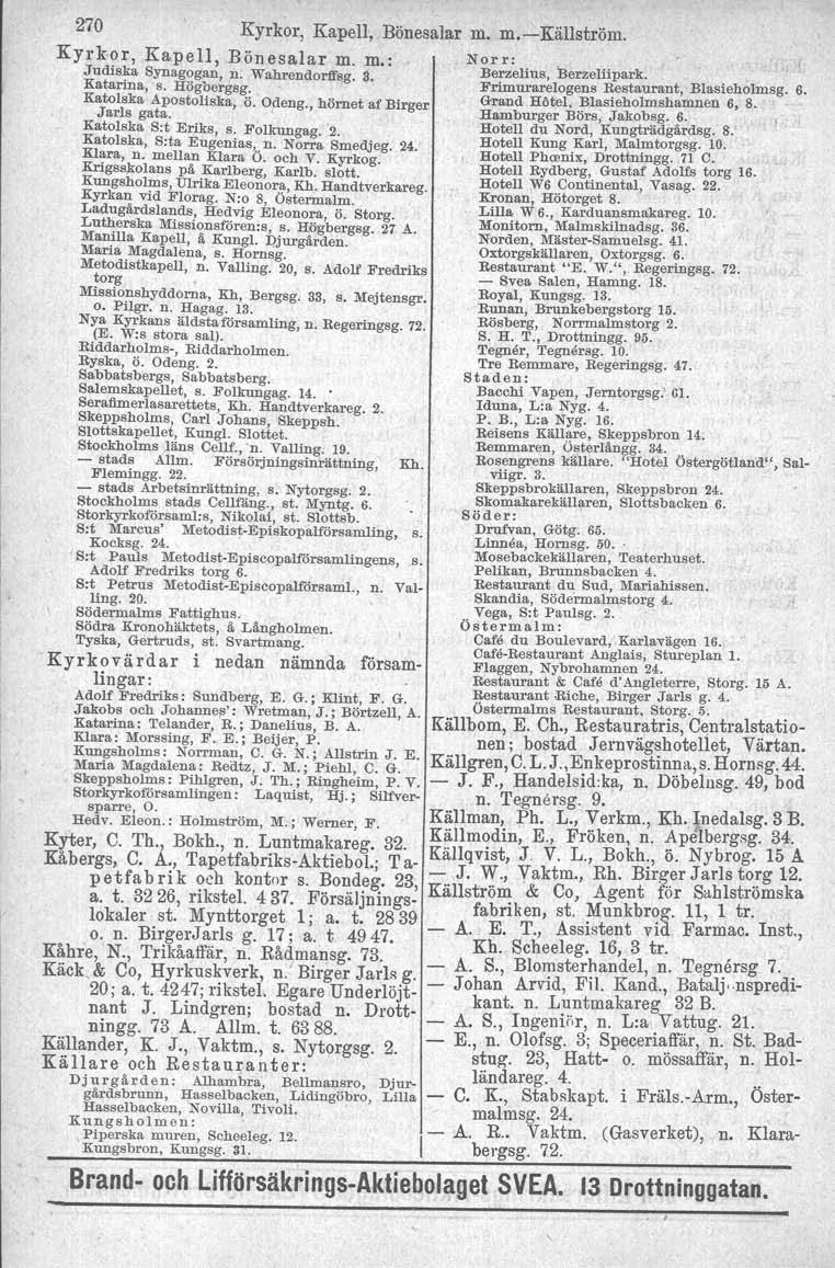 270 Kyrkor, Kapell, Bönesalar m. m.-källström. Kyrkor, Kapell, Bönesalar m. m.: Norr: Judiska Synagogan, n. Wahrendorffsg. 3. Berzelius, Berzeliipark. Katanna, s. Högbergsg.