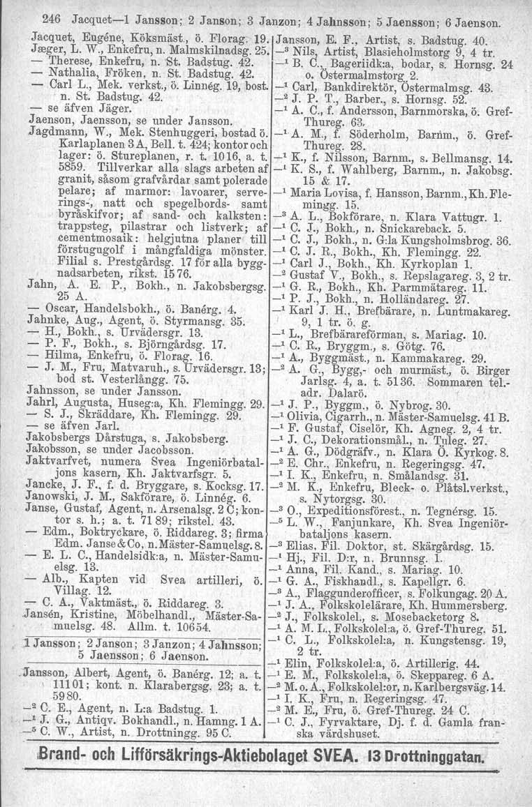 246 Jacquet-1 Jansson; 2 Janson: 3 Janzon; 4 Jahnsson. 5 Jaensson. 6 Jaenson. Jacquet, Eugåne, Köksmäst, ö. Florag. 19'jJansson, E. F., Artist, s. Badstug. 40. Jseger, L. W., Enkefru, n.