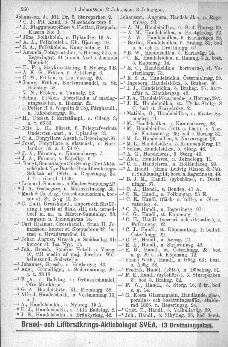 .250 1 Johansson: 2 Johanson; 3 Johanzon..Johansson, J., Fil. Dr, ö. Stureparken 2. Johansson, Augusta, Handelsidk:a, n. Rege- _1 C. 1., Fil. Kand., s. Mosebacke torg 8. ringsg. 32...,1 J.