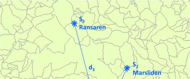 Figur 1. Schematisk beskrivning av metoden för interpolation av snödjupet till ett delområde (SUBID) i S HYPE baserat på de tre närmsta snödjupsstationerna.