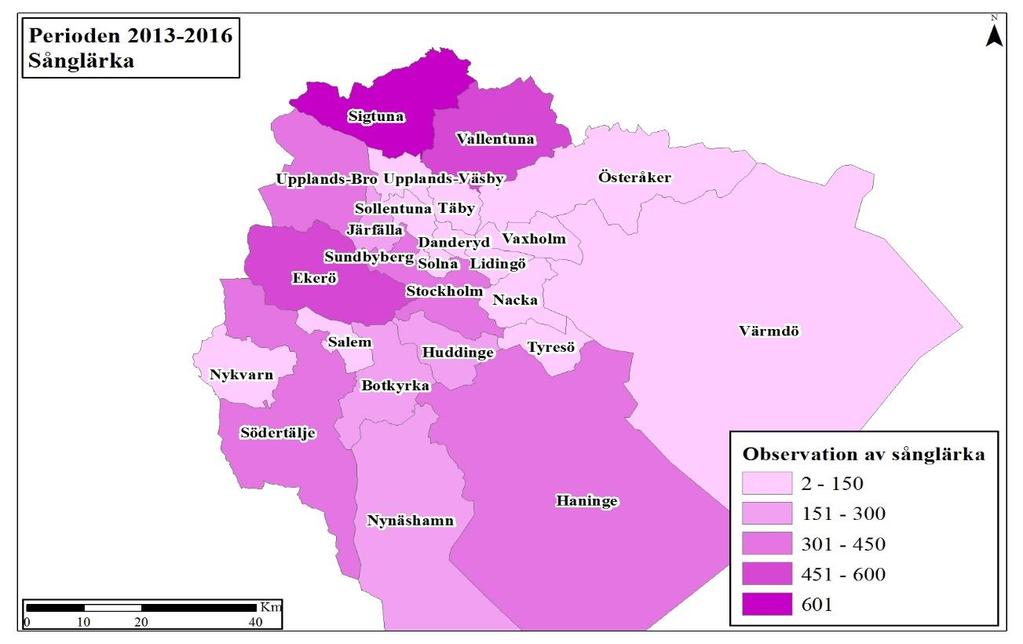 3.1.4 Resultat för sånglärka Figur 13 är en tematisk karta över antalet observationer av sånglärka för varje kommun i Stockholms rapportområde under perioden atlasinventering 2.