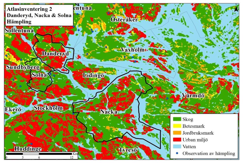 Figur 11 är en prickkarta som visar den geografiska fördelningen av observationsplatser för hämpling under atlasinventering 2.