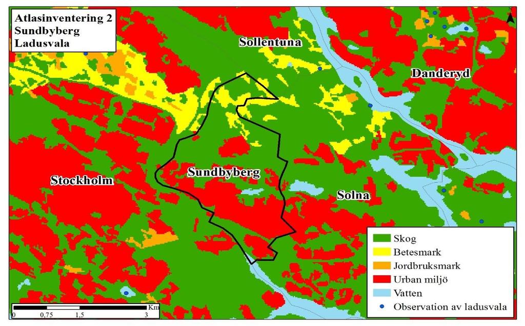 Figur 15 visar Sundbybergs kommun under atlasinventering 2, där det helt saknas observationer av ladusvalan.