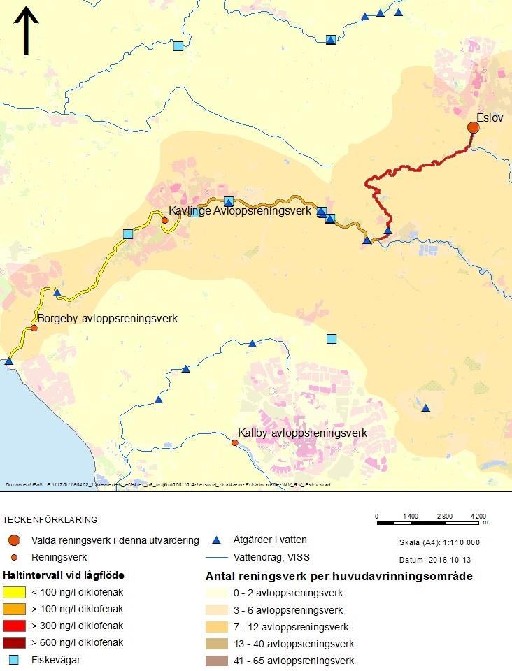 Figur 6-2. Halten av diklofenak nedströms Ellinge reningsverk i Eslöv, Skåne, vid maxhalt och medellågflöde.