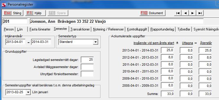 25-25 i kolumnen År 1 F E betyder att det inte fanns 25 dagar vid start semester 2012, och att det nu fylls på med 25 nya dagar för semester 2013.