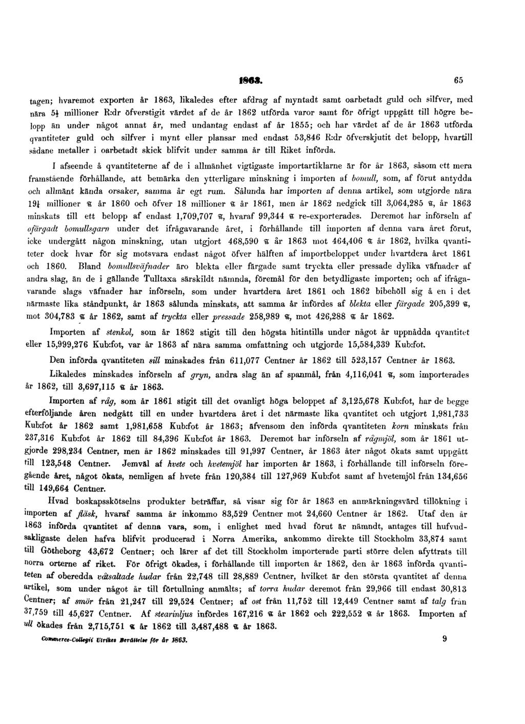 1863. 65 tagen; hvaremot exporten år 1863, likaledes efter afdrag af myntadt samt oarbetadt guld och silfver, med nära 5 millioner R:dr öfverstigit värdet af de år 1862 utförda varor samt för öfrigt