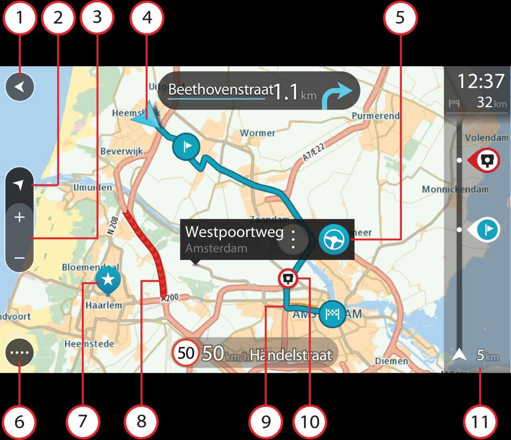 Vad visas på skärmen Kartvyn Kartvyn visas när du inte har någon planerad rutt. Din nuvarande plats visas så snart START har hittat din GPS-position.