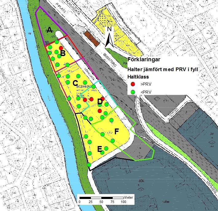 M:\3155\10224028 - Kilen, Ronneby\9_Leverans\ Figur 9. Jämförelse mellan påträffade halter i fyllnadsmassor inom planerat bostadsområde och platsspecifika riktvärden.