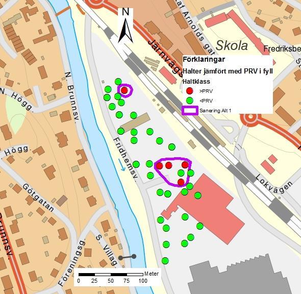 M:\3155\10224028 - Kilen, Ronneby\9_Leverans\ Figur 10. Saneringsområden enligt alternativ 1samt halter i fyllnadsmassor jämfört med platsspecifika riktvärden.