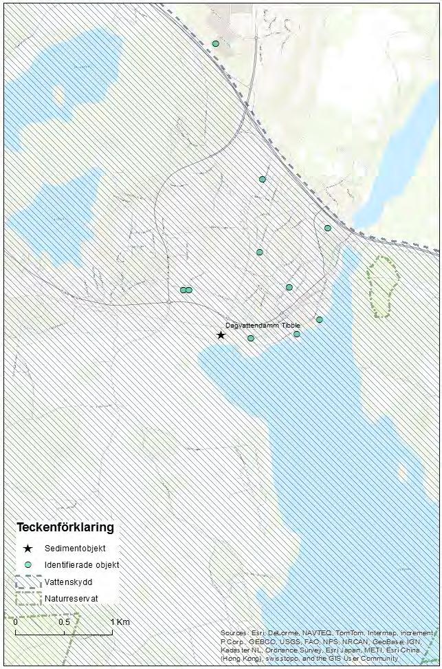Figur 57 Redovisning över Dagvattendammen i Tibble och närliggande objekt.