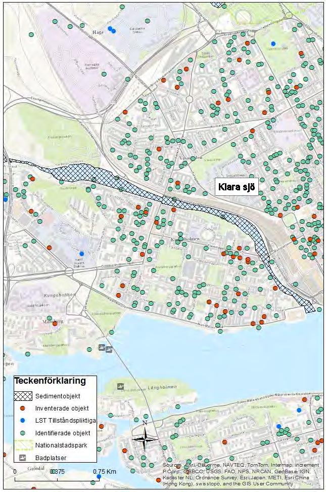 människors hälsa och miljön. Figur 41 Redovisning över Klara sjö och närliggande objekt.