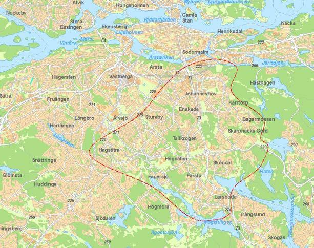 5(16) Karta 2, Illustration över tunnelbanans influensområde enligt Stockholmsförhandlingen, (tolkning av trafikförvaltningen) 2.1.3 Behovet av reserverade kollektivtrafikstråk i den utbyggda staden