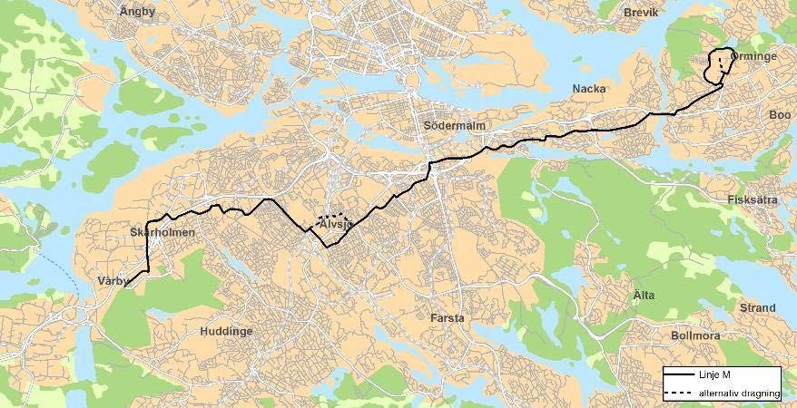 7(16) 2.1.5 Stomlinje M I stomnätsplanen är stomlinje M utpekad som ett stråk mellan Kungens Kurva/Skärholmen Fruängen Älvsjö Gullmarsplan Sickla Orminge.