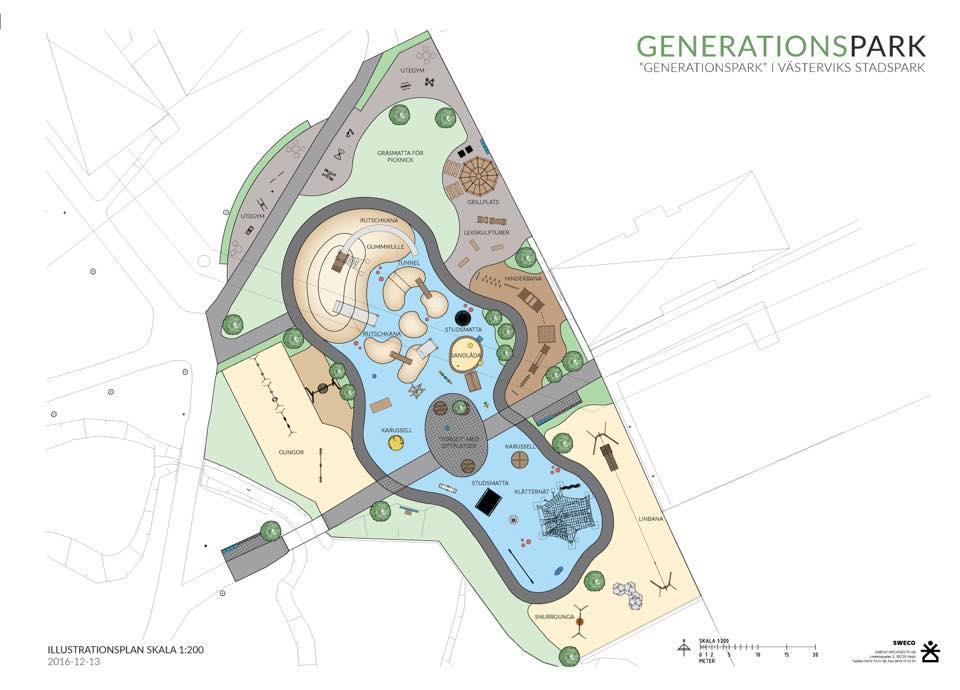 Generationspark i Stadsparken. Lekplats, utegym, ny belysning.