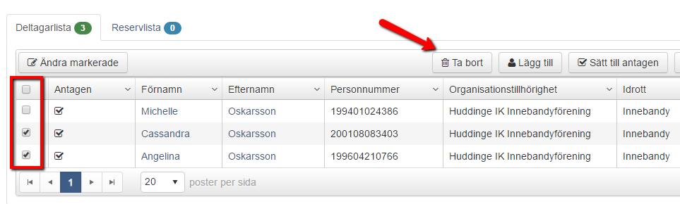 Man kan masshantera personer genom att markera flera och sedan klicka på Sätt till antagen.