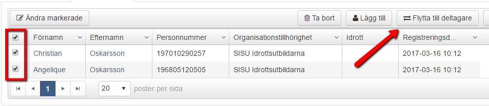 Vill man ta bort en eller flera personer från deltagarlistan så markerar man personerna och klickar sedan på knappen Ta bort.