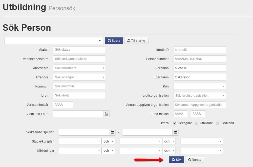 Personsök Den här fliken är synlig för SISU-Distrikt, specialidrottsförbund och specialdistriktsförbund. Personsök är en sida där man kan söka fram deltagare som har gått utbildningar tidigare.